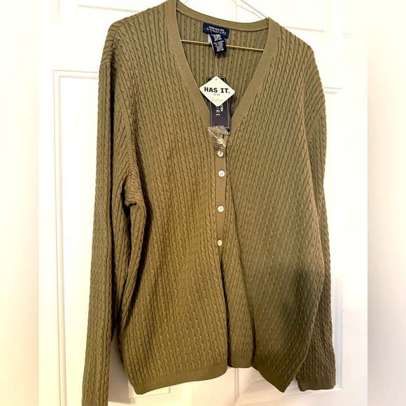 Jones NY Signature Moss Green Cable Knit Cardigan 3X NWT V Neck Buttons Stretch - Picture 1 of 7